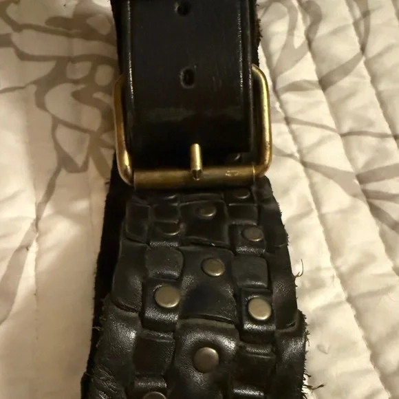Black Leather Belt with Brass Buckle &Rivets all around